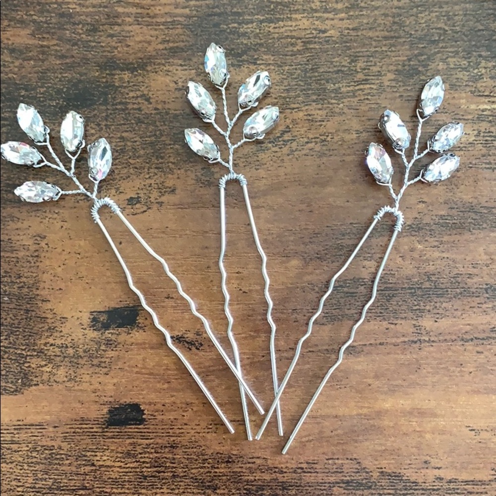 Set of three silver crystal wedding hair pins